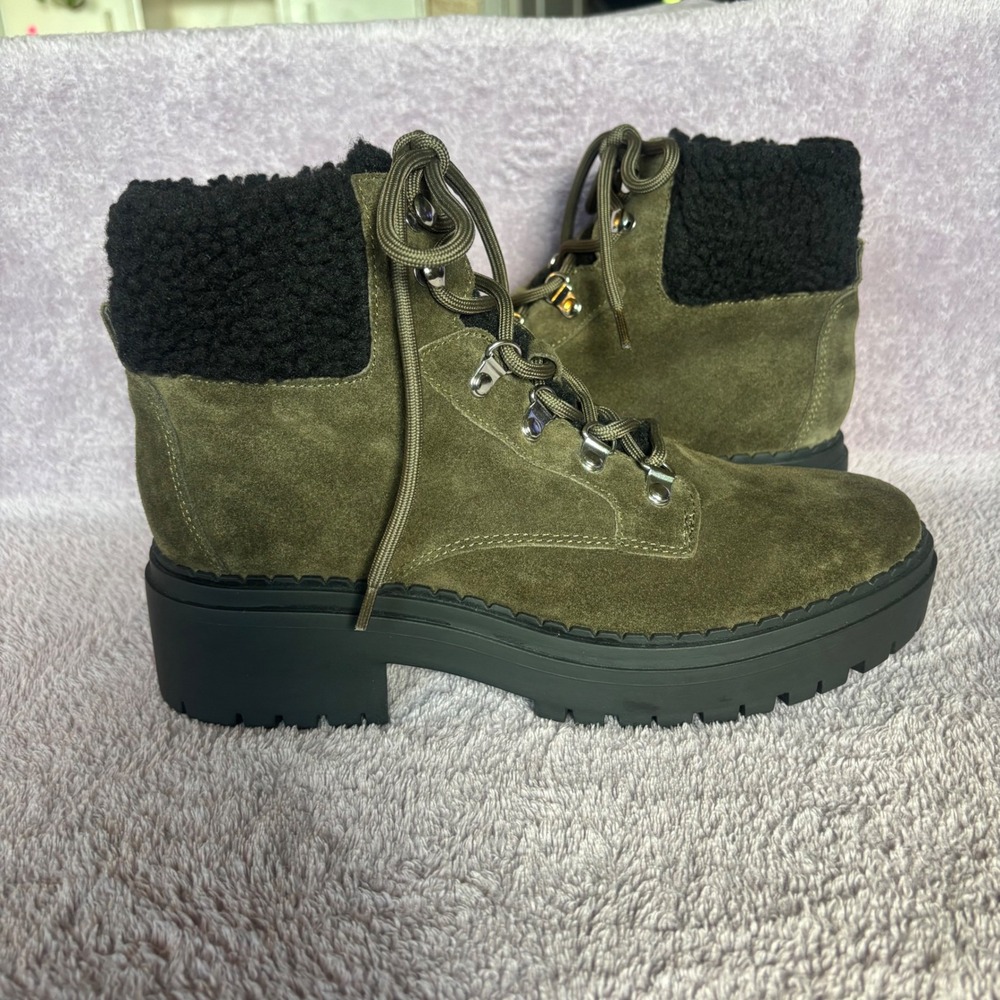 Marc Fisher Olive Green Suede Shearling Trim Lug Sole Hiker Boots 8.5M
